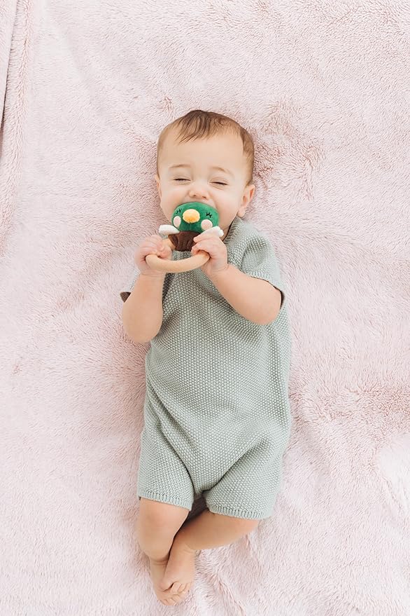 Pearhead Mallard Duck Wooden Baby Teether – Soft Plush Lovey with Natural Wood Rattle Ring, BPA & PVC-Free, Soothes Infant Gums, Multi-Sensory Newborn Essential for Boys, 0+ Months