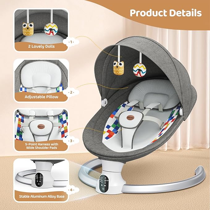 Baby Swings for Infants - Exclusive App & Bluetooth Function, Electric Baby Swing with 5 Point Harness & 5 Sway Speeds, 10 Preset Lullabies, Portable Infant Swing for Indoor/Outdoor(Dark Gray)