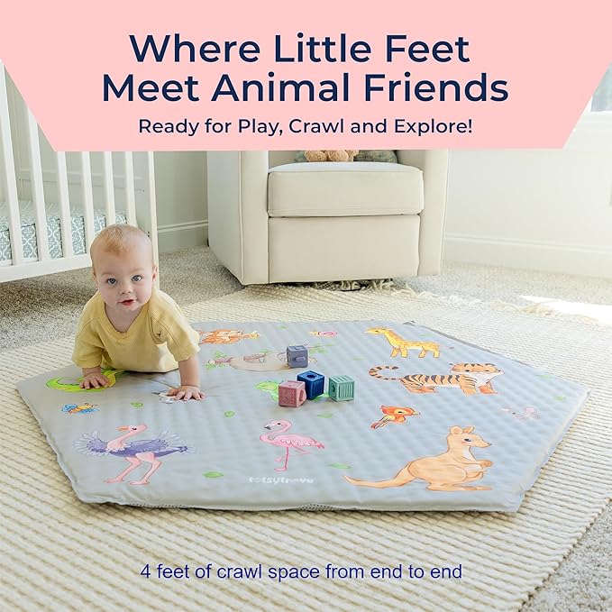 Self Inflating Hexagon Playpen Mat - 52" x 45" Non-Slip Cushioned Portable Play Area - Thick Soft Baby Play Mats for Floor - Easy Care Playmat for Infants and Toddlers - Baby Crawling Mat - Safari