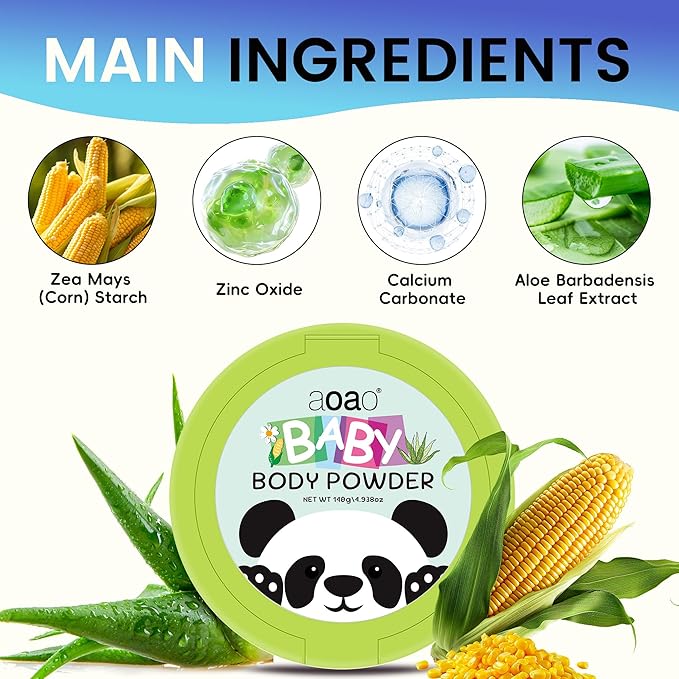 AOAO Natural Baby Body Powder, Talc-Free Cornstarch Base, Itch Soothing & Help Prevent Diaper Rash with Aloe & Zinc Oxide, Sensitive Skin & Chafe Protection, Gentle Absorption Care, Value 2-Pack