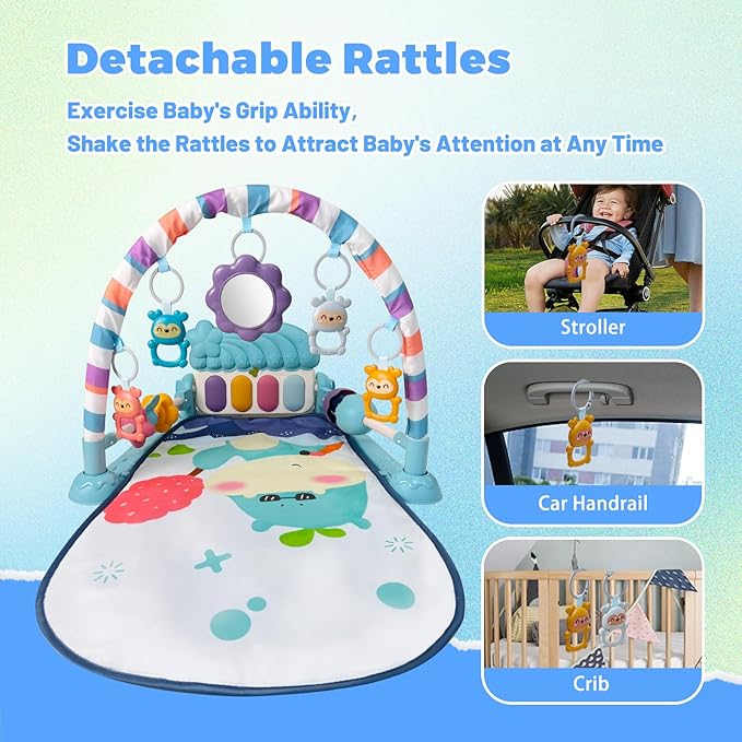 Cuterabit Baby Tummy Time Play Mat, Kick and Play Piano with Music and Light, Activity Gym Center for Newborn Babies Infants Boys Girls 0-3-6-9-12 Months (Blue)