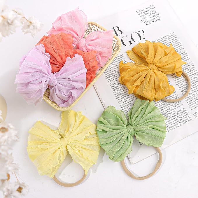 YanJie Hairband, 6pcs-Candy Color Soft Stretchy Nylon Headbands for Baby Girls, Handmade Lace Baby Girl Bows Accessories for Infants Toddlers Child, Pink Purple Yellow Green