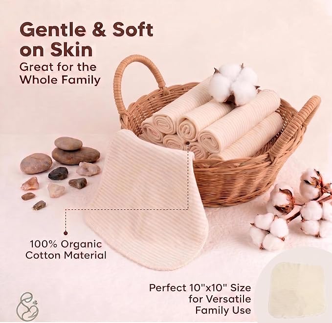 10-Pack Organic Cotton Baby Washcloths | Ultra-Soft Newborn Face Bath Towel - Reusable Baby Wipes for Delicate Skin Thin & Lightweight, Perfect for Babies, Kids, Toddlers, Infant (Stripes)