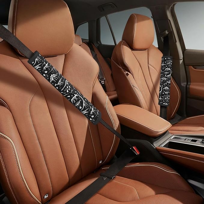 Black White Dinosaur Skeleton Seat Belt Cover Fits Cars Trucks SUV Sedans Air Permeability Car Seatbelt Strap Cover, Auto Interior Accessories Protector
