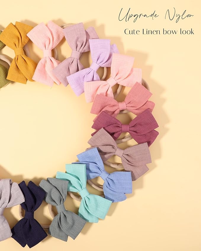 jollybows 30pcs Baby Girls Nylon Hair Bows Headbands Linen Bands Elastic Accessories for Kids Infants Newborn (3-30 PCS Solid Linen)