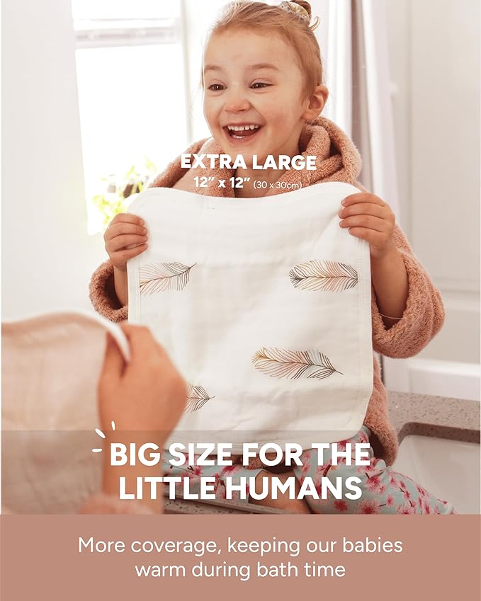 Nightingale Baby Washcloths, Rayon from Bamboo Baby Clothes Organic Wash Cloths with Cotton, Newborn Bath Essentials, Burping Cloths for Babies, Face Towels Reusable 12"x12" (Feather) 6 Pack