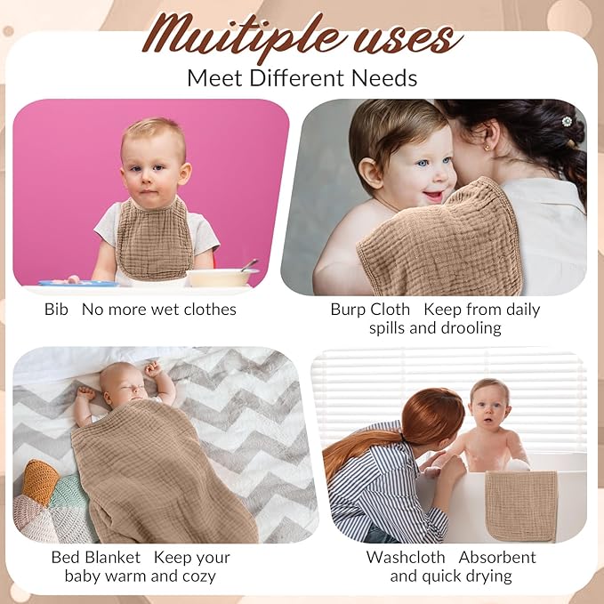 Hahafelt 6 Pcs Muslin Hooded Bath Towels Washcloths and Bibs Set, Muslin Cotton Baby Towels Absorbent Hooded Blanket Towel Infant Bibs for Boys Girls Newborn Infant Essential(Dark Brown, Khaki)