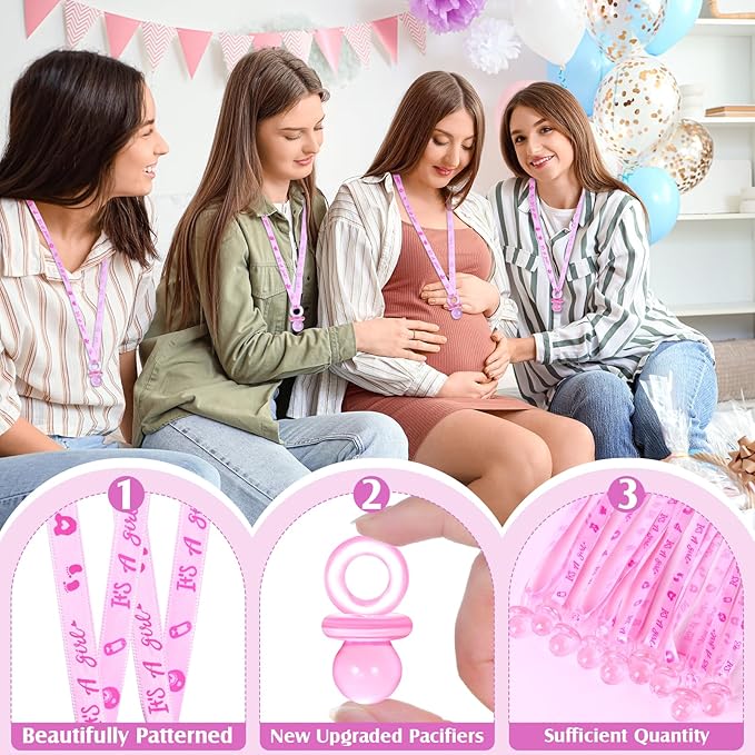 ZYFLSQ 36 Pieces Baby Shower Pacifiers Necklace, Cute Acrylic Pacifier Necklaces for Baby Shower Games Girls Charm, Party Favors, Decorations DIY, Gender Reveal Table Scatter(Pink)