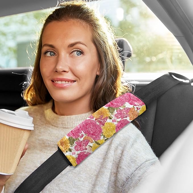 2 Pack Seatbelt Covers Seat Belt Cover Pad for Adults Boys Girls Car Seat Strap Covers Pads Cushion Universal Shoulder Strap Pad Protector for Backpack Camera Bag 10x7.7Inch Roses Bloom and Butterflie