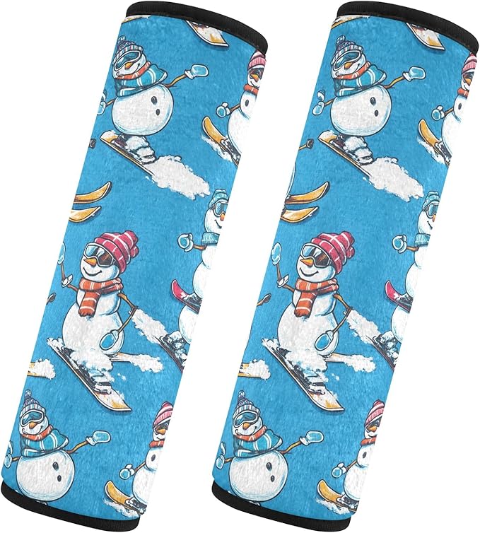 CHIFIGNO Pack of 2 Cartoon Snowman Skiing Surfing Blue Car Seat Belt Covers Comfortable Seatbelt Pads Shoulder Pads Car Accessories for Adults Women Kids