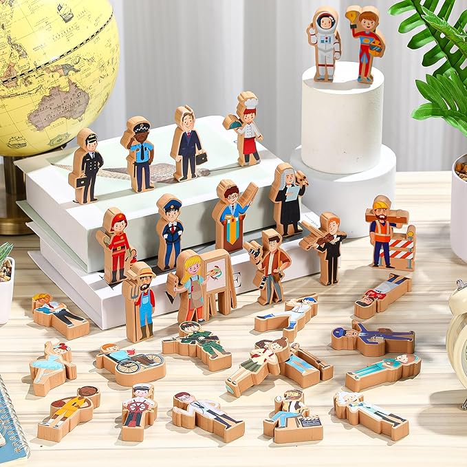 Blosssound 30 Pcs Wooden Community Helpers Toys Multicultural Career Wooden People Figures Small Diversity Professionals Wood Blocks for Preschool Classroom Play Games Educational Activity Supplies