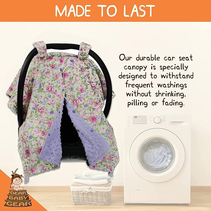 Dear Baby Gear Floral Baby Car Seat Canopy with Snap Button Opening - Newborn & Toddler Carseat Cover - Nursing Covers - Infant Chair Essentials (Lavender Pink Floral & Dot, 40" x 30")
