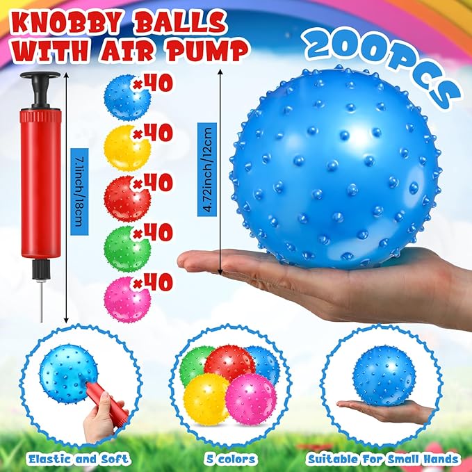 Lenwen 200 Pcs Kids Knobby Balls 4.7 Inch Soft Bouncy Balls Bulk for Toddlers Inflatable Sensory Toys with Air Pump Spiky Massage Stress Toys for Kindergarten Playground Backyard Pool, 5 Color