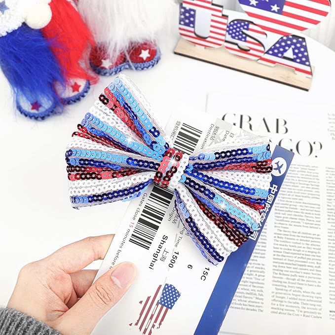 Bow Hair Clips for Girls 4th of July Girls Hair Accessories 5” Big Bows Hairpin Baby Barrettes Sequins Cheer Bows Red Blue Glitter Teens/Kids/Children