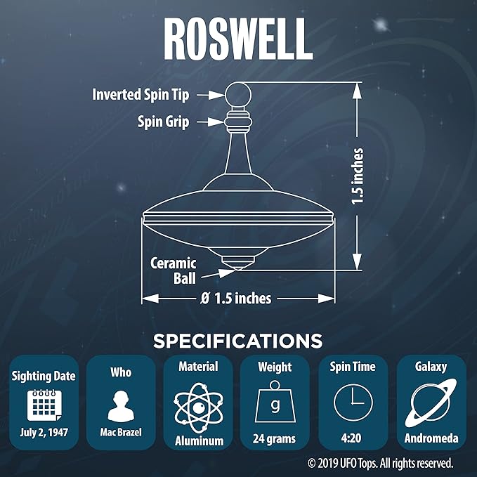 UFO Tops Roswell - Metal Spinning Fidget Top - Inspired by The Documented 1947 UFO Sighting in Roswell, New Mexico (Color: Midnight Black)