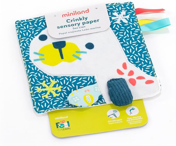 Miniland Feel to Learn Crinkly Sensory Paper Sea Lion for Infant & Toddlers. Multicolored teether with Soft Touch