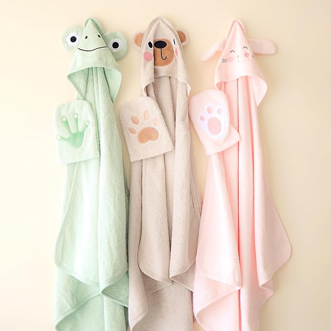 CuddleBug Premium Hooded Baby Bath Towel & Washcloth Set (Bear) - 100% Cotton Terrycloth Hooded Baby Towels for Newborn & Toddler - Super-Soft & Absorbent, Newborn Essentials (33" x 33") - Sage Green