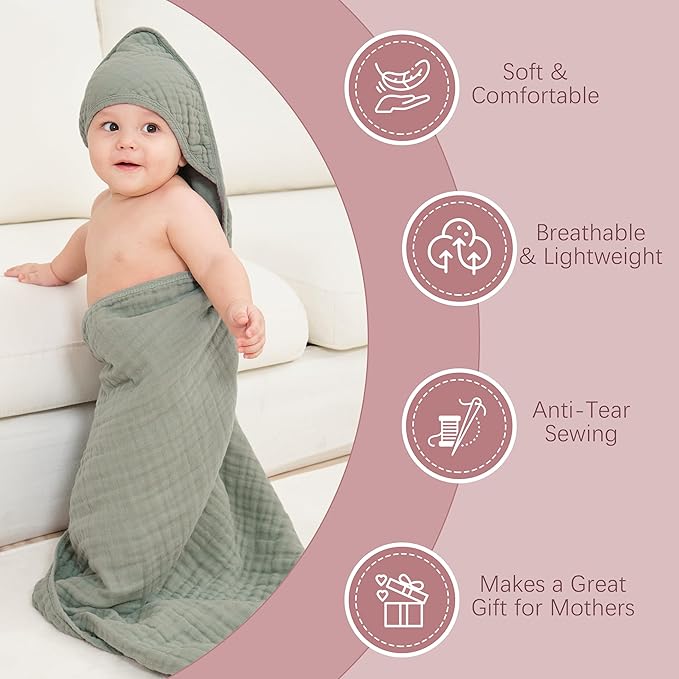 MOON PARK 2 Pack Muslin Hooded Baby Bath Towels for Newborns, Infants, Toddlers - 100% Cotton - Large 32x32Inch Size - Highly Absorbent and Essential, Green and Grey