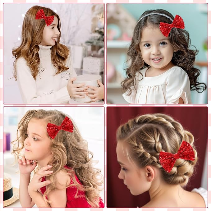 Ouligay 2 Pcs Sparkly Red Hair Bow,Sequin Christmas Bows for Girls,Christmas Hair Clips,Bows Barrettes for Toddler Girls,Red Hair Accessories for Daily Weding Thanksgiving Accessories