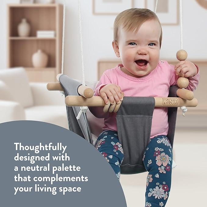 Monkey & Mouse Baby Swing, Cream Indoor Outdoor Portable Hanging Chair - Infant & Toddler Kids 6 Months - 4 Years, Cotton Canvas & Beech Wood Frame, Sensory Hammock Boy & Girl Seat w/Wooden Toys