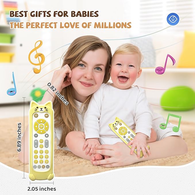 FLAMDYNO Baby Remote Control Toy with Cat Silicone Teether Cover - 3 Language Learning Toy (English/Spanish/French), 50+ Musical Sounds & Lights, Interactive Educational Gift for 6-18 Month Olds.