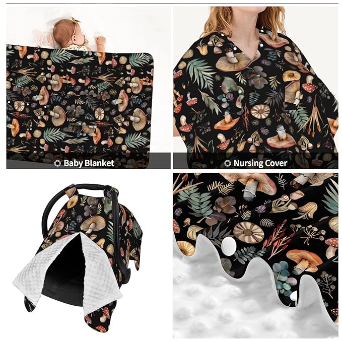 Mushrooms Autumn Leaves Baby Car Seat Canopy and Nursing Cover for Breastfeeding Multi-Use Cover Lightweight Infant Stretchy Carrier Carseat Winter Cover for Newborn Girls Boys