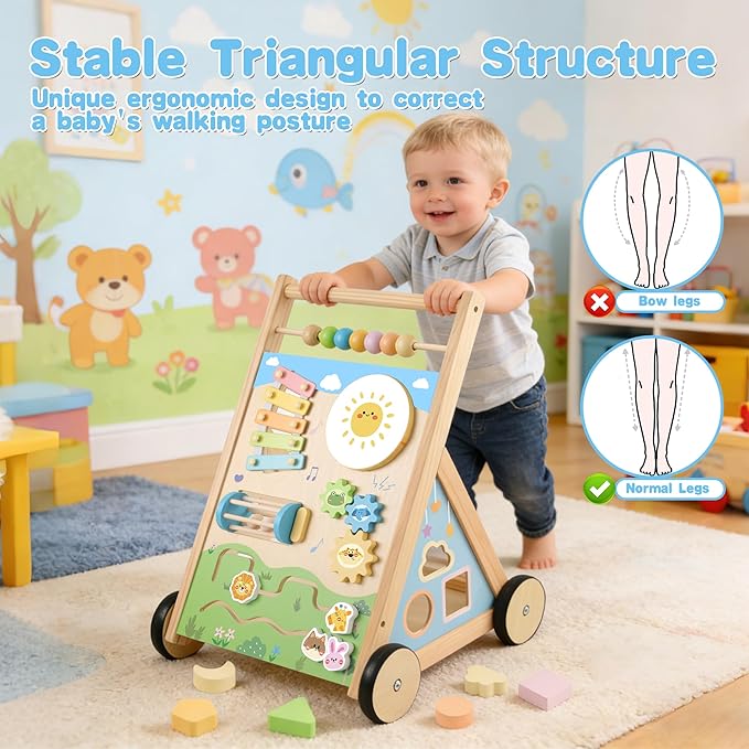 Wooden Baby Walker, Baby Walker with Wheels, Includes Montessori Sensory Toys and Activity Center, 6-18 Months for Boys and Girls