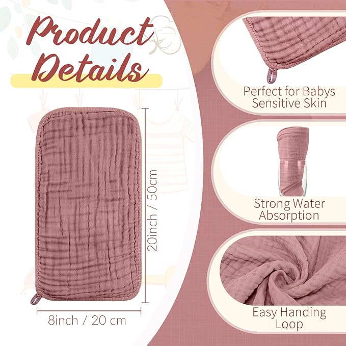 VitalCozy 6 Pcs Baby Muslin Hooded Bath Towels and Washcloths, Muslin Hooded Baby Towels Absorbent Blankets for Gift Newborn Infant Shower (Mauve,Burgundy)
