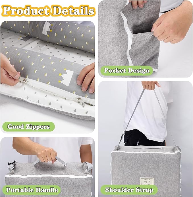 Baby Lounger for Newborn-Portable Baby Lounger 0-24 Months for Home and Travel,Newborn Loungers with Strap, Baby Nest Lounger Adjustable Size,Crown Grey