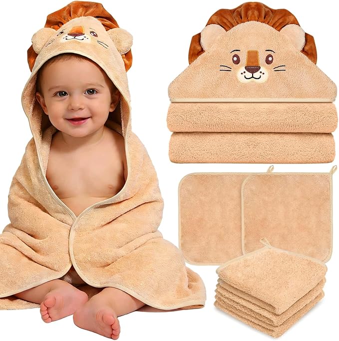 Flasoo 4 Pcs Baby Towels and Washcloths Set, Soft Hooded Bath Towel, 1 Baby Towel and 3 Baby Washcloths for Newborns, Toddlers, and Kids, 32x32 inch Baby Towel with Hood for Boy and Girl (Brown Lion)