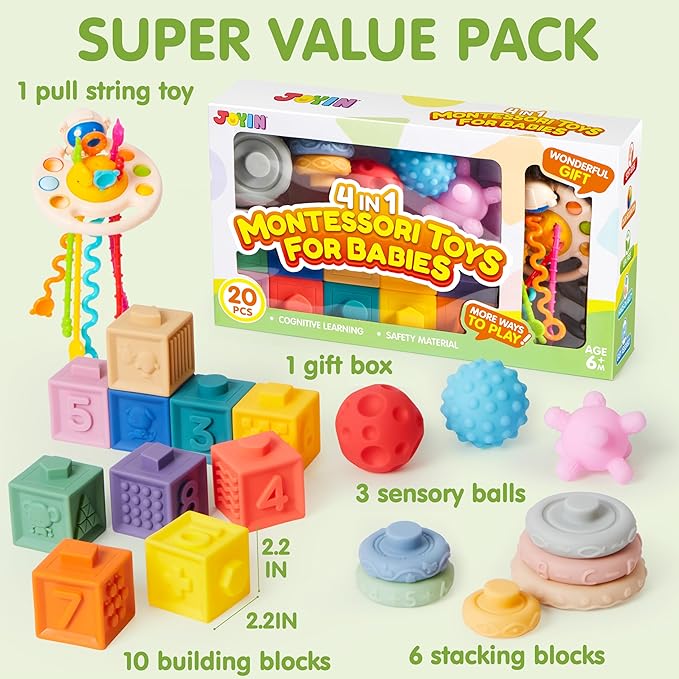 JOYIN Baby Toys - Montessori Toys for Babies, Food-Grade Sensory Present Infant Stacking Circles Teether, Blocks, 3D Stress Balls, Pull String, Learning Gifts for Baby Girls Boys