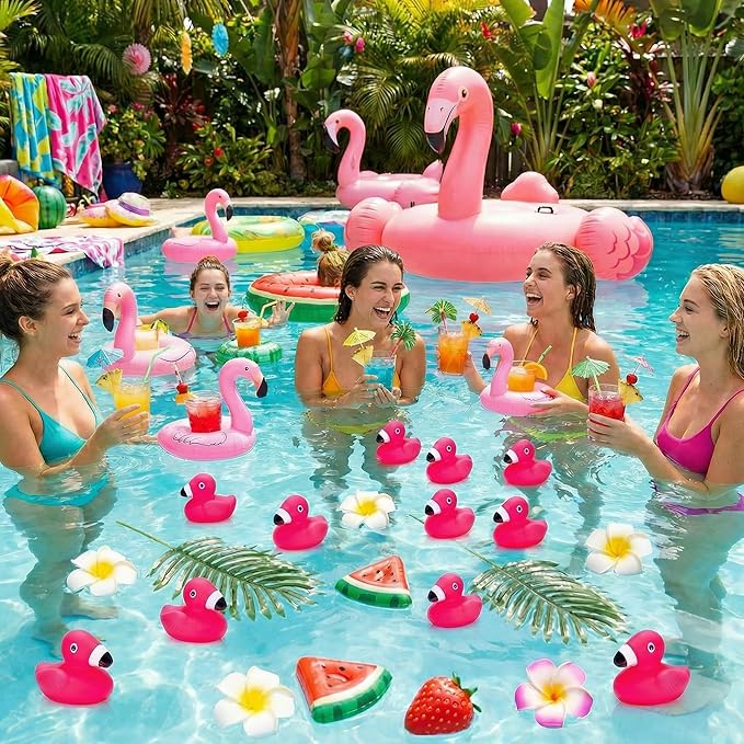 Goaste 50 Pieces Flamingo Rubber Ducks Bulk, Pink Flamingo Bath Toys, Cute Floating Squeaky Bathtub Ducks for Baby Shower, Birthday Party, Cake Decoration, Classroom Prizes