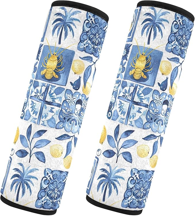 CHIFIGNO Sicilian Style Blue White Seat Belt Cover Pack of 2 Universal Seat Belt Strap Cover Car Seat Shoulder Strap Pads Protect Your Neck and Shoulder