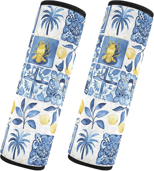 CHIFIGNO Sicilian Style Blue White Seat Belt Cover Pack of 2 Universal Seat Belt Strap Cover Car Seat Shoulder Strap Pads Protect Your Neck and Shoulder