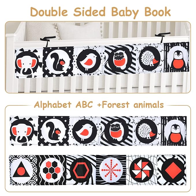 Vicloon Black and White High Contrast Baby Toys, Soft Baby Book for Newborn 0-3-6-12 Months, Infant Tummy Time Toys, Early Education Sensory Toys, Visual Stimulation Folding Cloth Book for Boys Girls