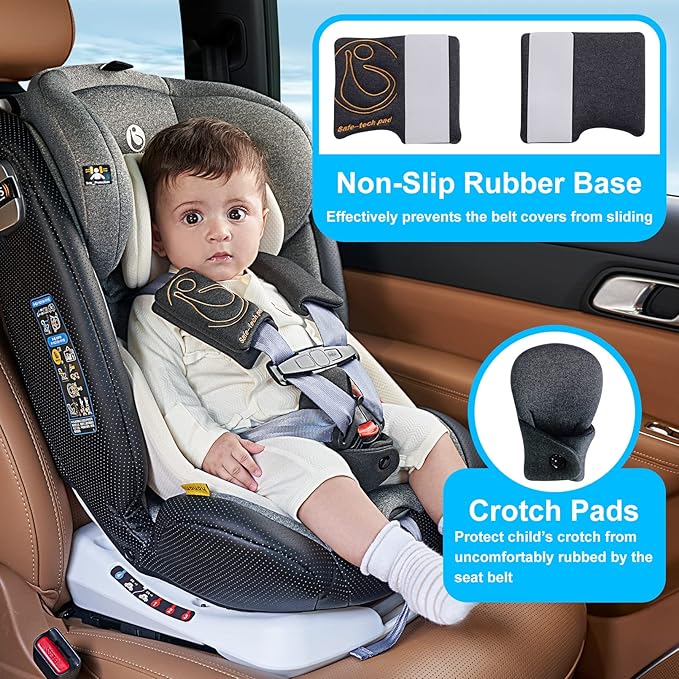 Innokids Car Seat Strap Cover Set for Baby Kids Seat Belt Covers with Crotch Pad Back Anti-Slip Design for Car Seats Pushchair Stroller (Small (4.9”L), Black Grey)