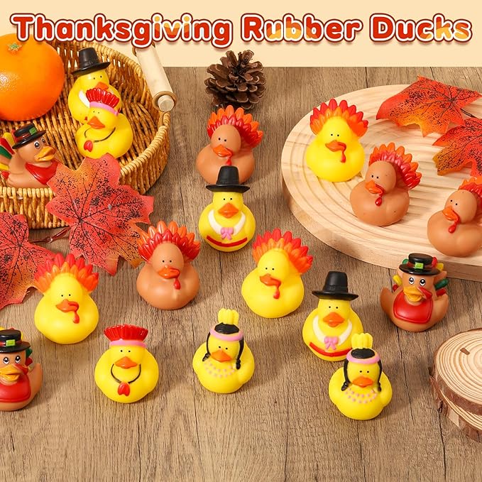 24 Pcs Thanksgiving Rubber Ducks, Thanksgiving Themed Ducks Bulk Turkey Ducks, Thanksgiving Party Favors Supplies for Kids Adults, Fall Duck Bathtub Bathing Toy for Holiday Autumn Table Centerpiece