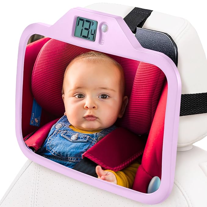 Theromirror - Baby Car Mirror with Temperature Display, Rear Facing Car Seat Mirror, Newborn Essentials, Wide Angle (Pink)