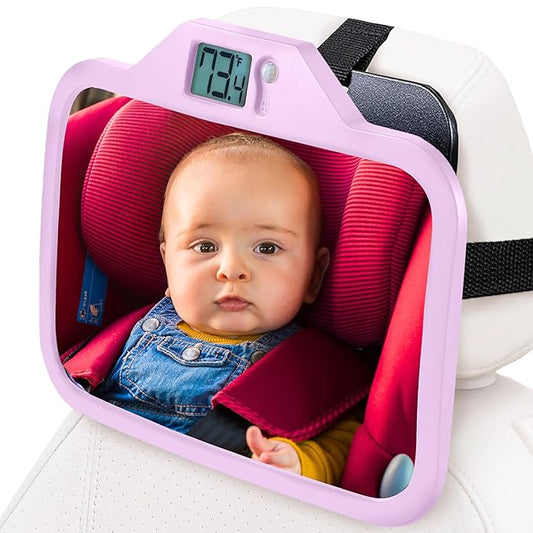 Theromirror - Baby Car Mirror with Temperature Display, Rear Facing Car Seat Mirror, Newborn Essentials, Wide Angle (Pink)
