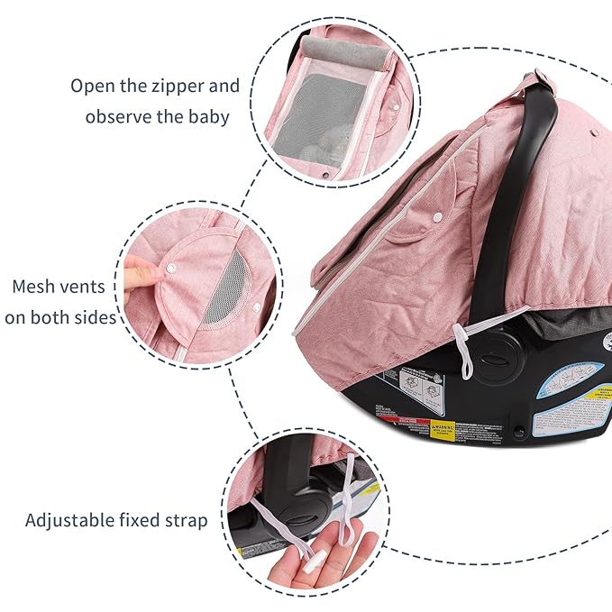 Baby Car Seat Cover - 3-Layer Thick Fabric, Waterproof, Breathable Mesh Window - Windproof & Snow Blocking, Keep Baby Warm in Winter - Universal Fit for Infant Car Seat and Carrier - (Pink)