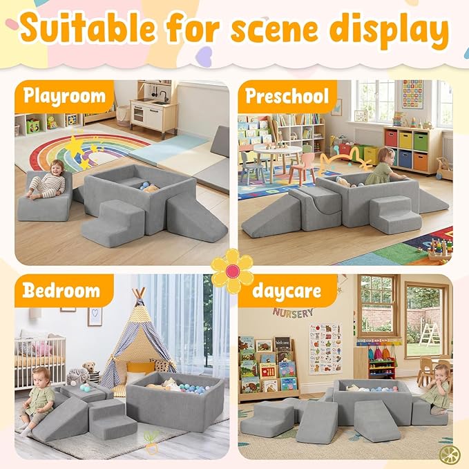Baby Climbing Blocks with Ball Pit, 6-Piece Foam Climb & Crawl Play Set for Toddlers 1–3, Modular Soft Play Equipment with Washable Cover, Indoor Activity Toys, Gray (Balls Not Included)