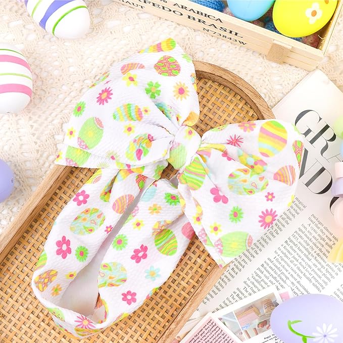 7” Easter Baby Girls Bows Pink White Eggs Bunny Headbands for Newborn Infant Girls Elastic Tied Hairbands Hair Bows Easter Hair Accessories for Gift