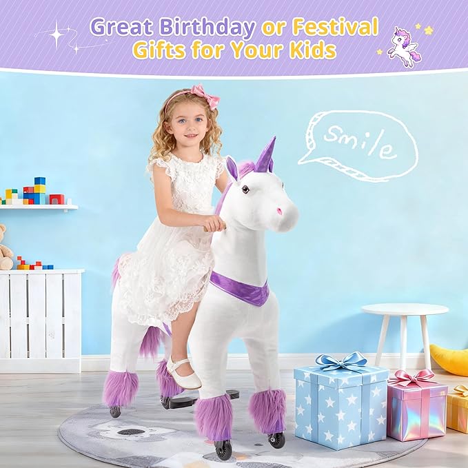 Pipleo Ride on Unicorn Toy for Kids 4 to 9 Years, Unicorn Ride on Toy, Ride on Unicorn Mechanical Plush Animal, No Battery or Electricity, Max Load 165 LBS - Purple