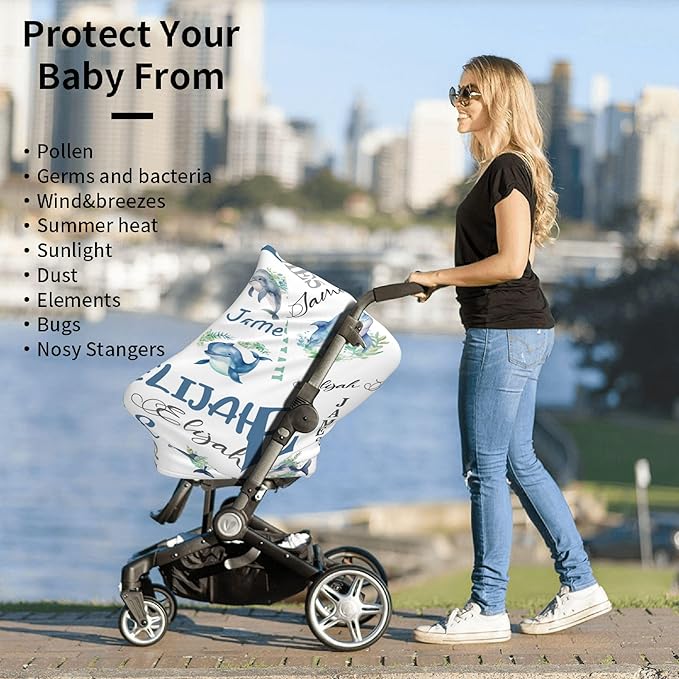 Personalized Baby Car Seat Cover with Name Stroller Canopy Custom Whale Carseat Cover Newborn Baby Boy Girl Nursing Cover for Moms First Birthday Gift