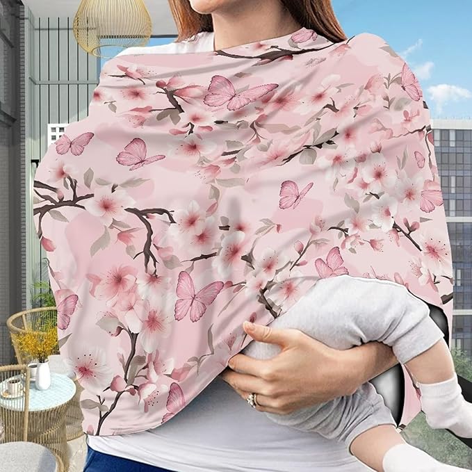 LedBack Pink Butterfly Sakura Stretchy Car Seat Cover for Babies,Nursing Cover Breastfeeding Cover,Soft Breathable Baby Carseat Canopy