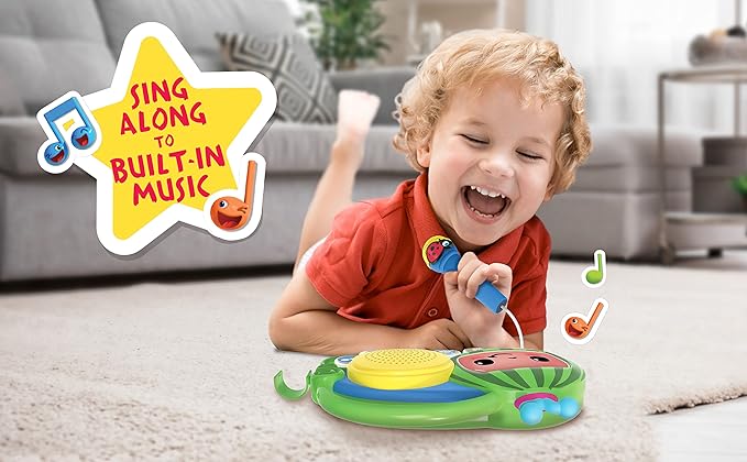 EKids Cocomelon Toy Singalong Boombox with Microphone for Toddlers and Young Children, Built-in Music and Flashing Lights, for Fans of Cocomelon Toys and Gifts