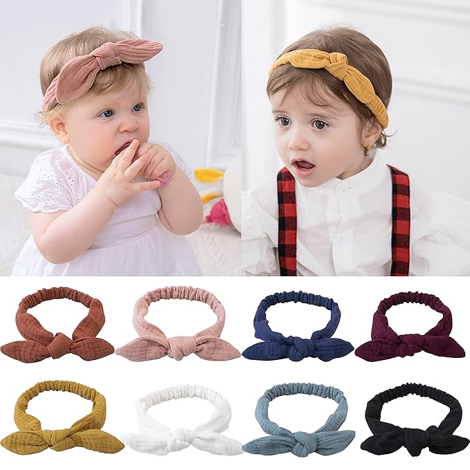 XIMA Headbands for Girls, 8pcs Cotton Rabbit Ears Hairbands for Toddlers Teens Children, Removable Rabbit Ear Bows Kids Hair Accessories