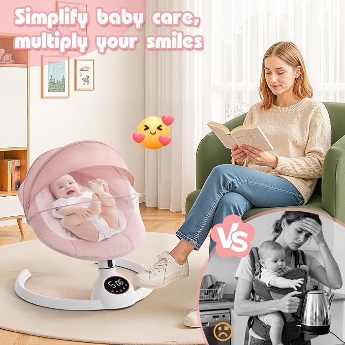 Soobaby Baby Swing for Infants,Electric swingfor Babies,Portable Swing for Baby Boy Girl,Remote Control Indoor Baby Rocker with 5 Sway Speeds,Music and Bluetooth,Hot Pink