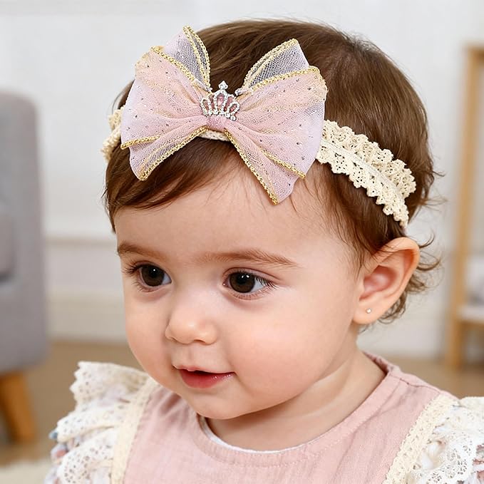 Baby Girls Hairbands Bow Lace Headband Handmade Soft Stretchy Pink Bowknot Hairbands Newborn Hairband with Bows Elastic Hair Bands for Kids Infant (Light Pink Bow)