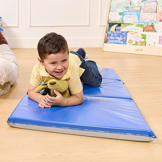 ECR4Kids-ELR-0883 Everyday 3-Fold Daycare Rest Mat, Folding Rest Mat, Sanitary Design, Low Maintenance, Certified and Safe, No Assembly Required, 2" Thick, Single Mat, Blue/Grey